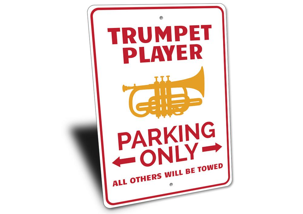 A vibrant Trumpet Parking Sign made of durable aluminum, featuring a unique design for reserving parking spaces.