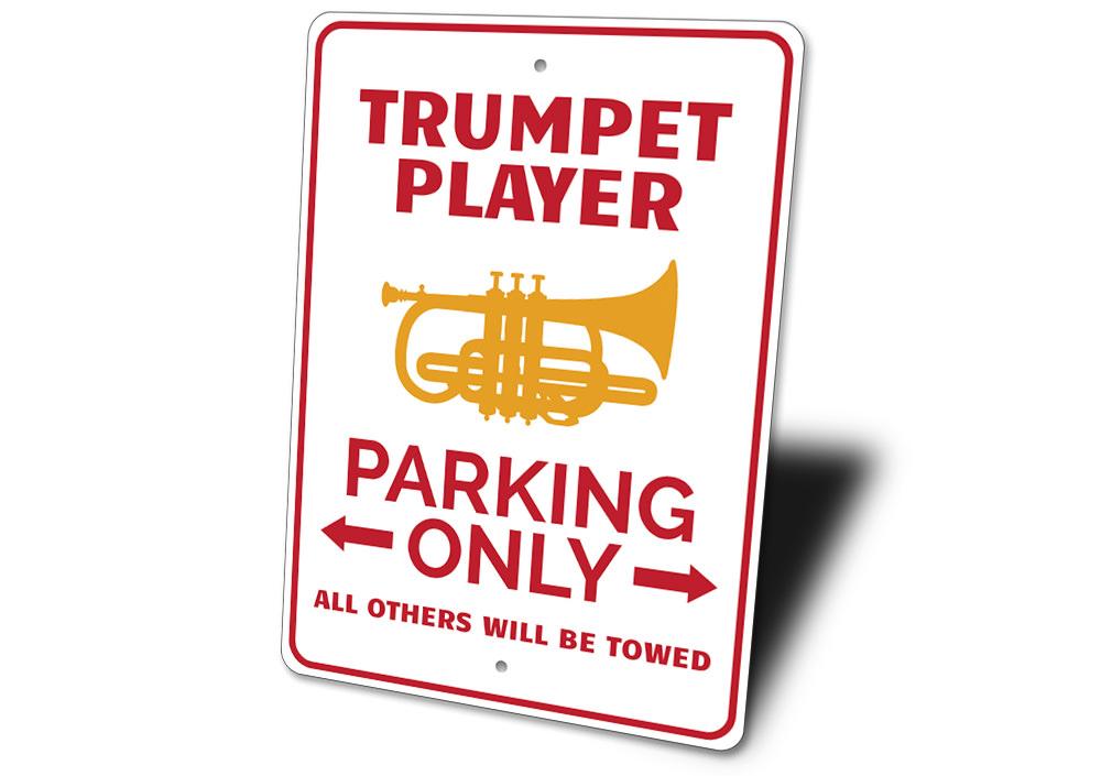 A vibrant Trumpet Parking Sign made of durable aluminum, featuring a unique design for reserving parking spaces.