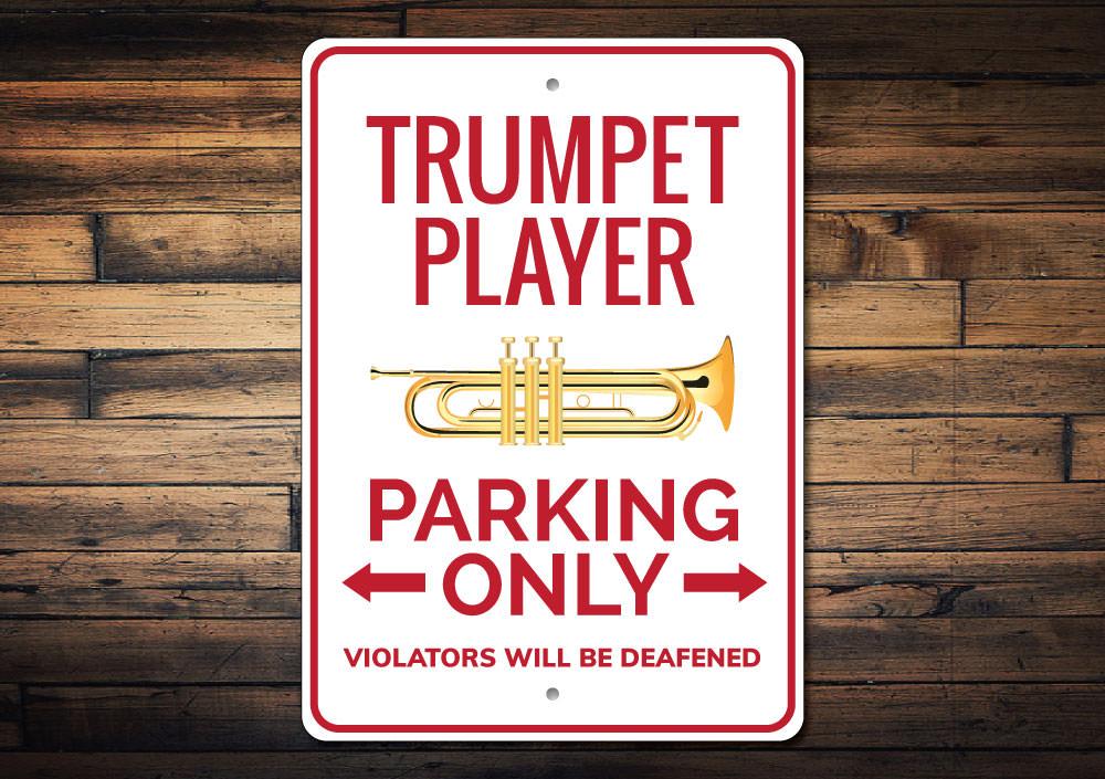 Trumpet Player Parking Sign made of durable aluminum, featuring a vibrant design for reserved parking.