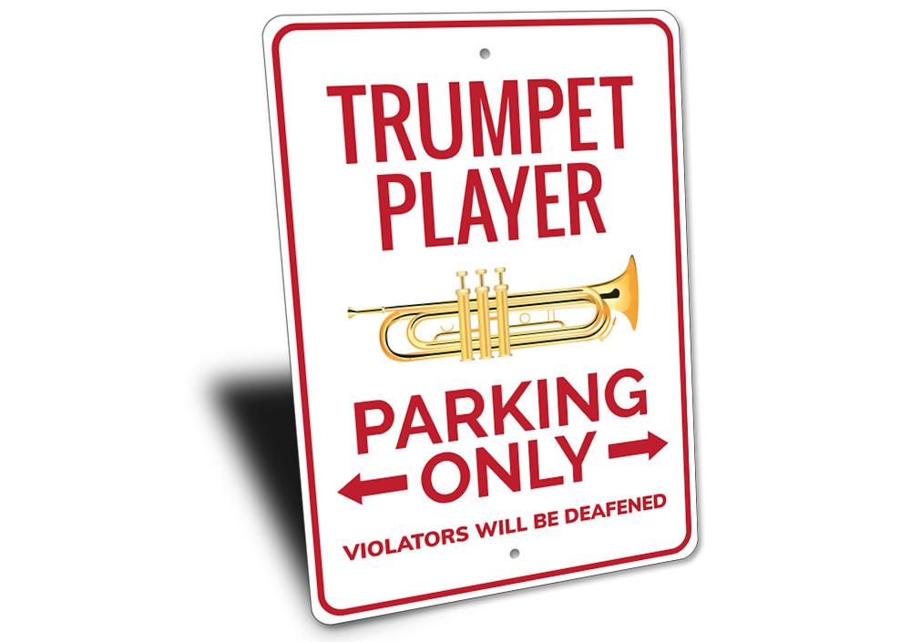 Trumpet Player Parking Sign made of durable aluminum, featuring a vibrant design for reserved parking.