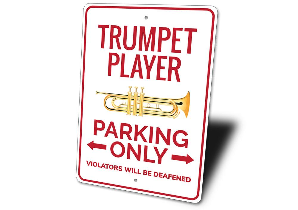 Trumpet Player Parking Sign made of durable aluminum, featuring a vibrant design for reserved parking.