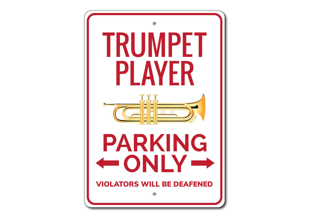 Trumpet Player Parking Sign made of durable aluminum, featuring a vibrant design for reserved parking.