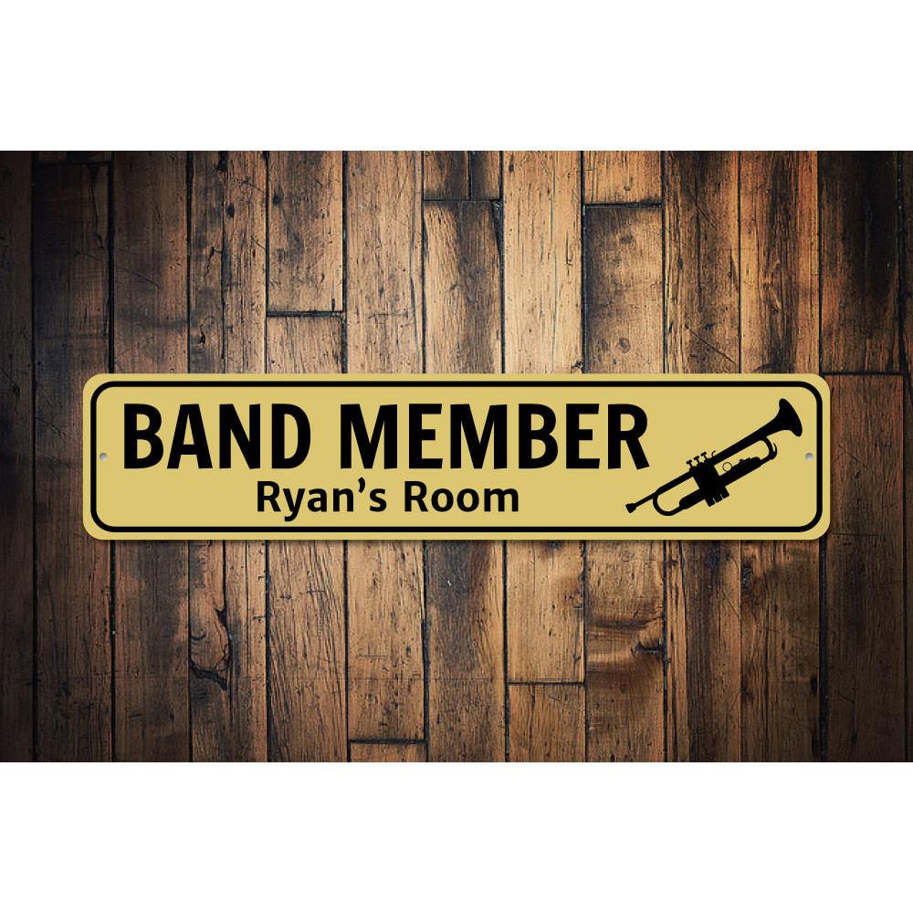 A decorative Trumpet Player Sign made of aluminum, featuring a vibrant design that showcases a trumpet and musical notes, perfect for music lovers.