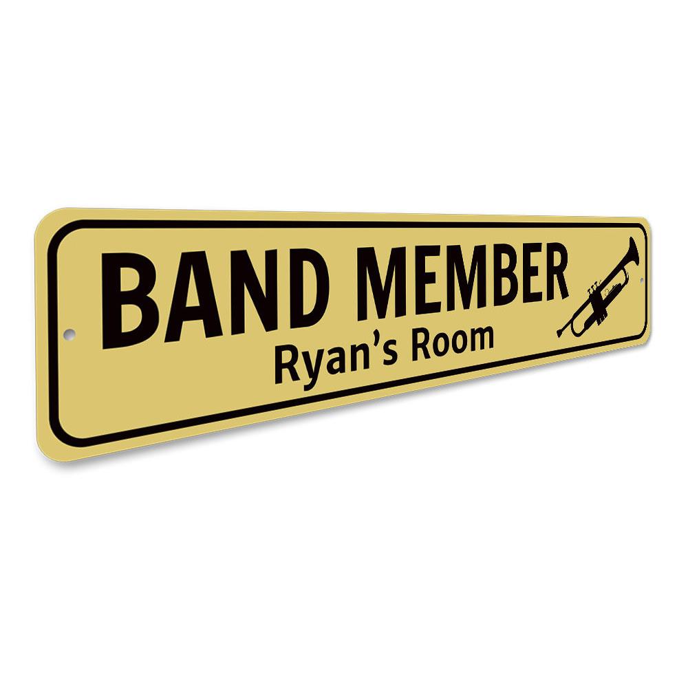 A decorative Trumpet Player Sign made of aluminum, featuring a vibrant design that showcases a trumpet and musical notes, perfect for music lovers.