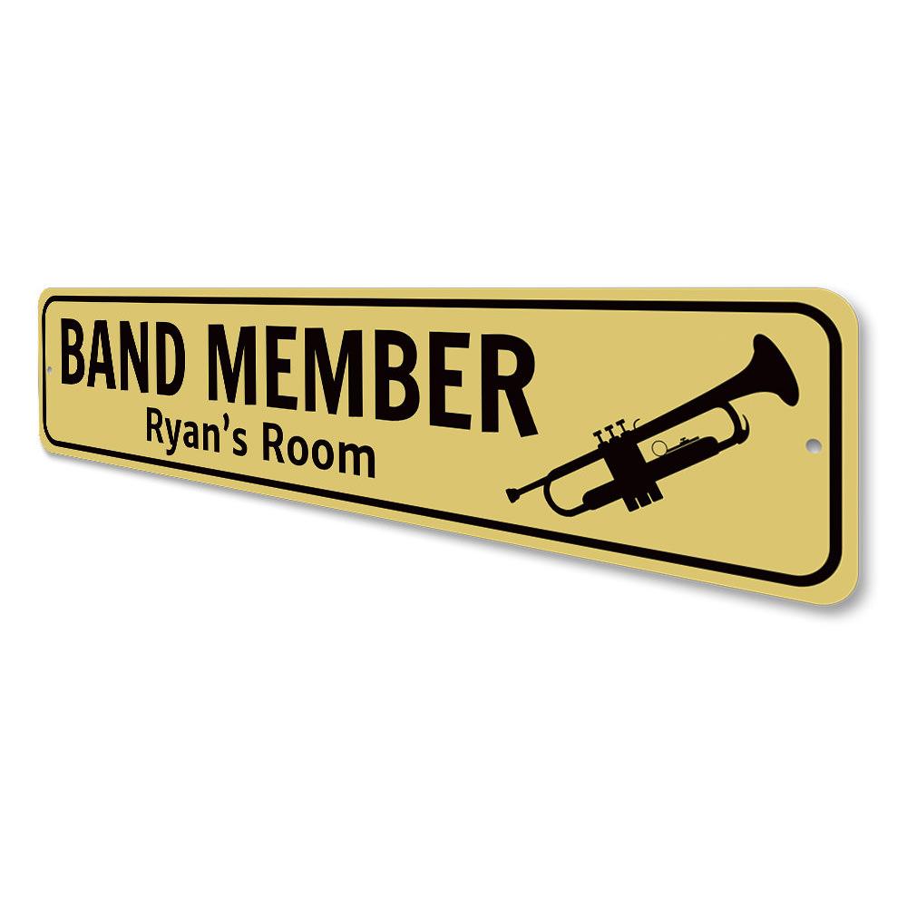 A decorative Trumpet Player Sign made of aluminum, featuring a vibrant design that showcases a trumpet and musical notes, perfect for music lovers.