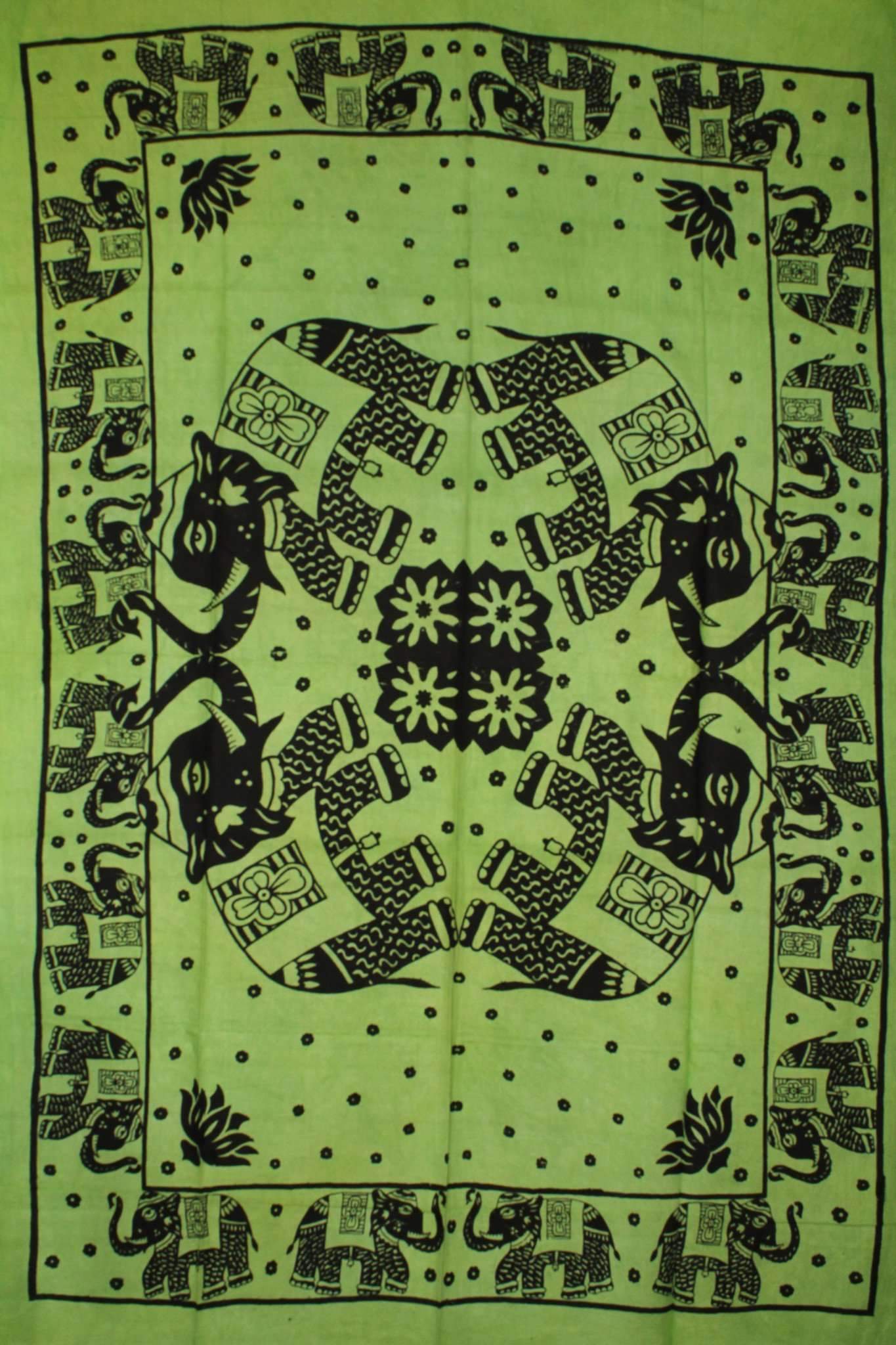 Handcrafted Trunk Up Good Luck Mirrored Elephants Tapestry featuring vibrant elephants and floral designs on a henna green background.