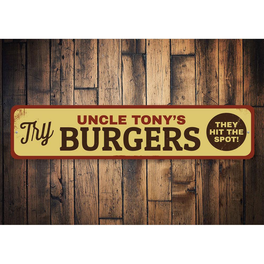 A vibrant Try Burgers sign made of aluminum, featuring customizable text, ideal for restaurants and cafes.