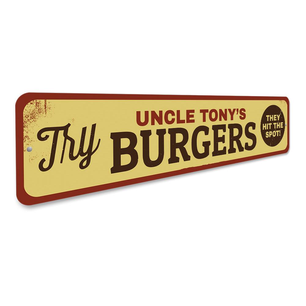 A vibrant Try Burgers sign made of aluminum, featuring customizable text, ideal for restaurants and cafes.