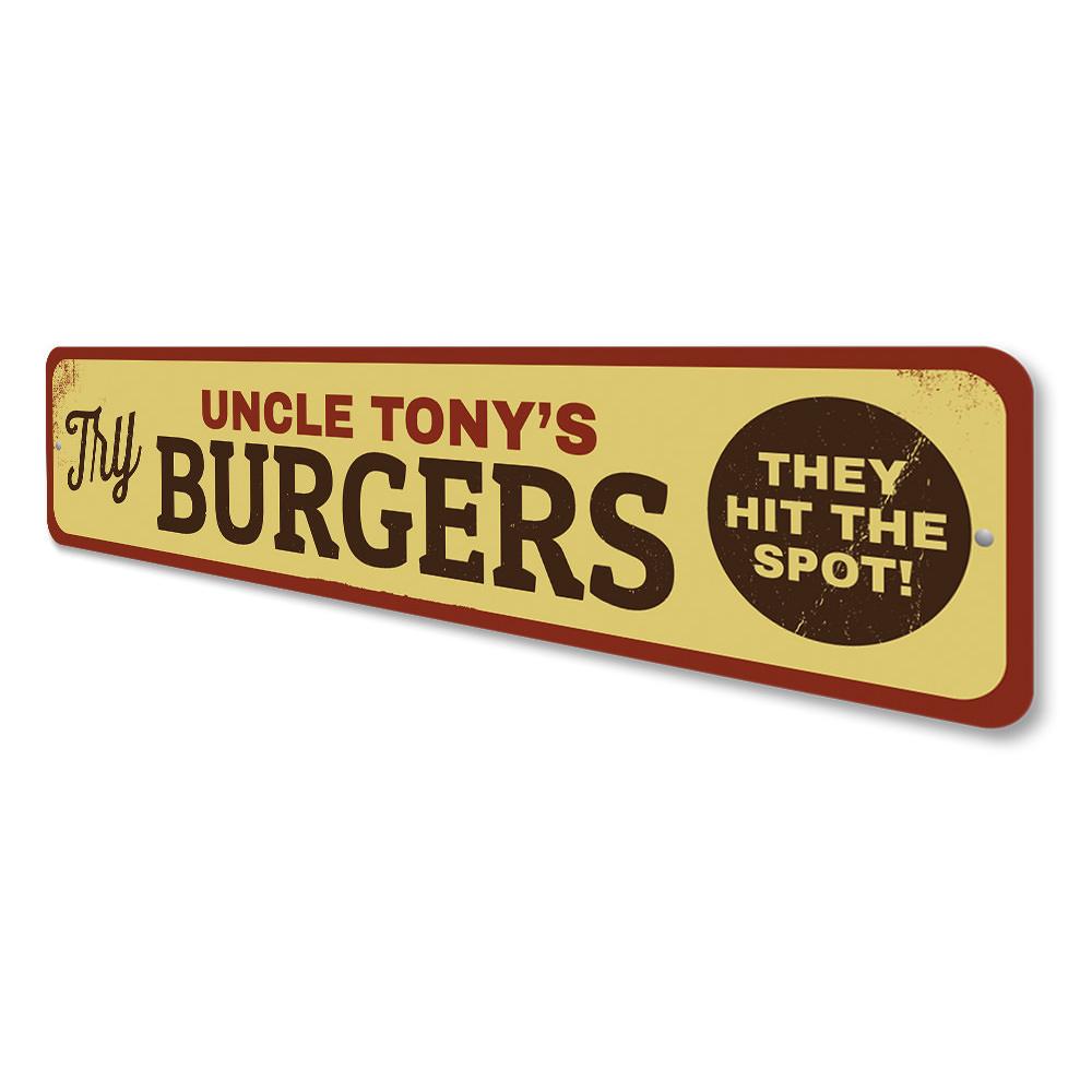 A vibrant Try Burgers sign made of aluminum, featuring customizable text, ideal for restaurants and cafes.