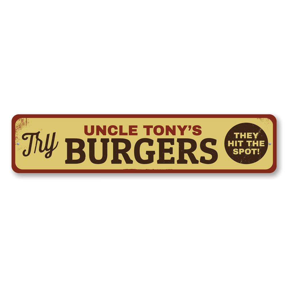 A vibrant Try Burgers sign made of aluminum, featuring customizable text, ideal for restaurants and cafes.