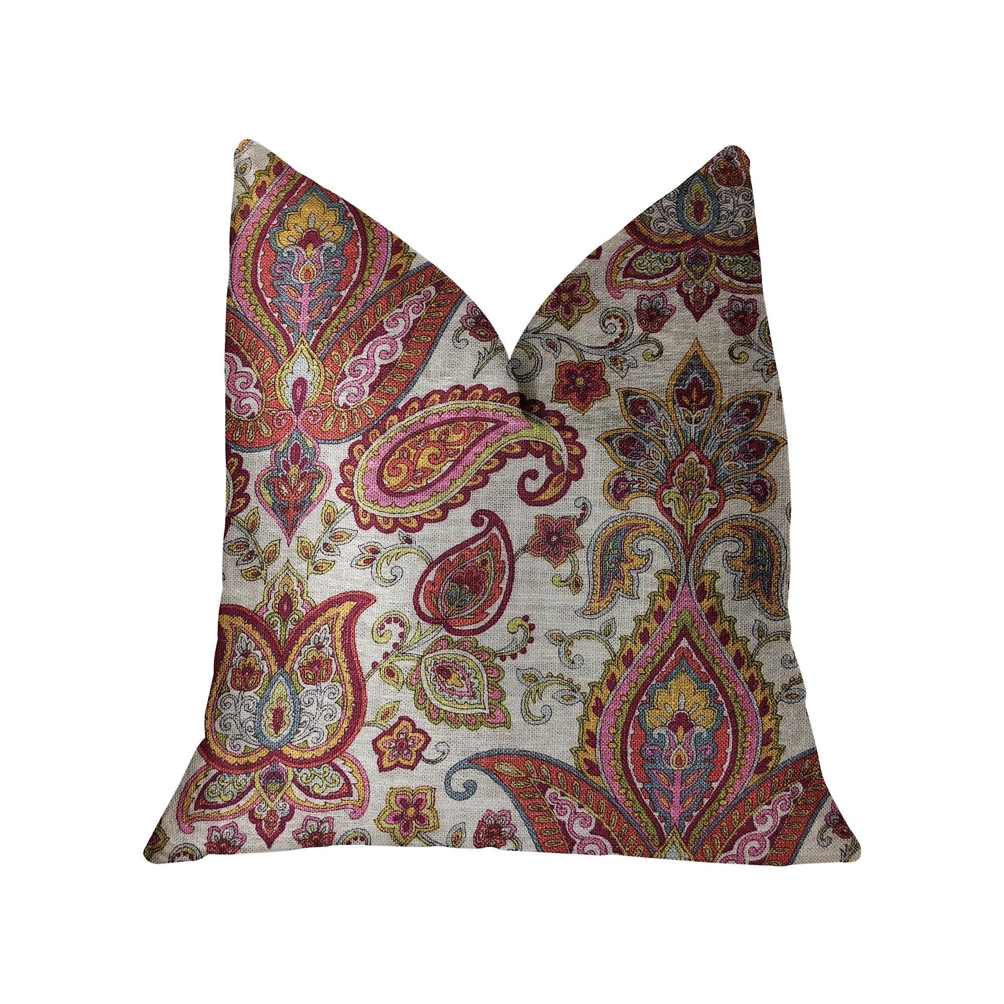 A vibrant Tulip Safari Luxury Throw Pillow featuring a multicolor paisley design, handmade in the USA with a soft linen-rayon blend fabric.