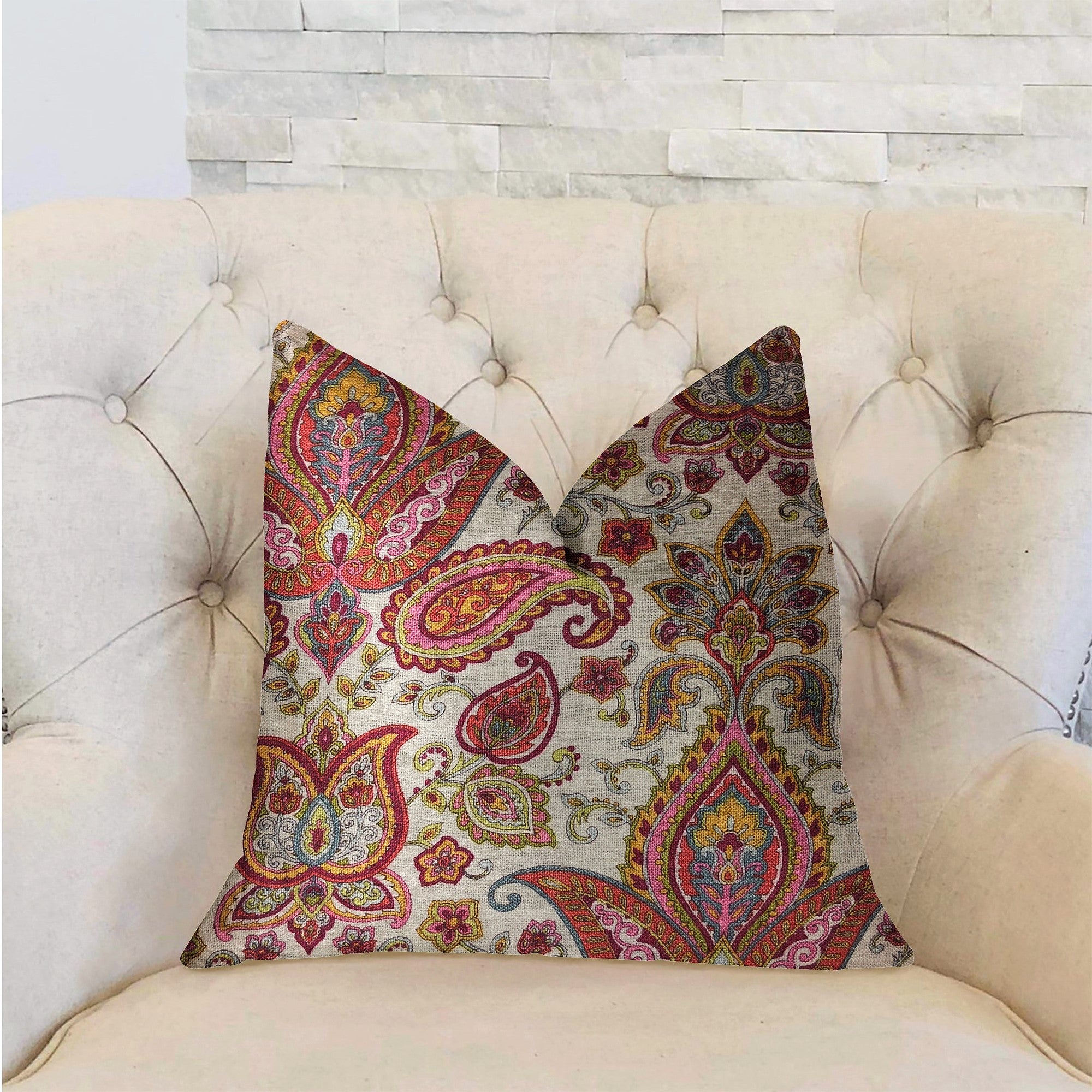 A vibrant Tulip Safari Luxury Throw Pillow featuring a multicolor paisley design, handmade in the USA with a soft linen-rayon blend fabric.