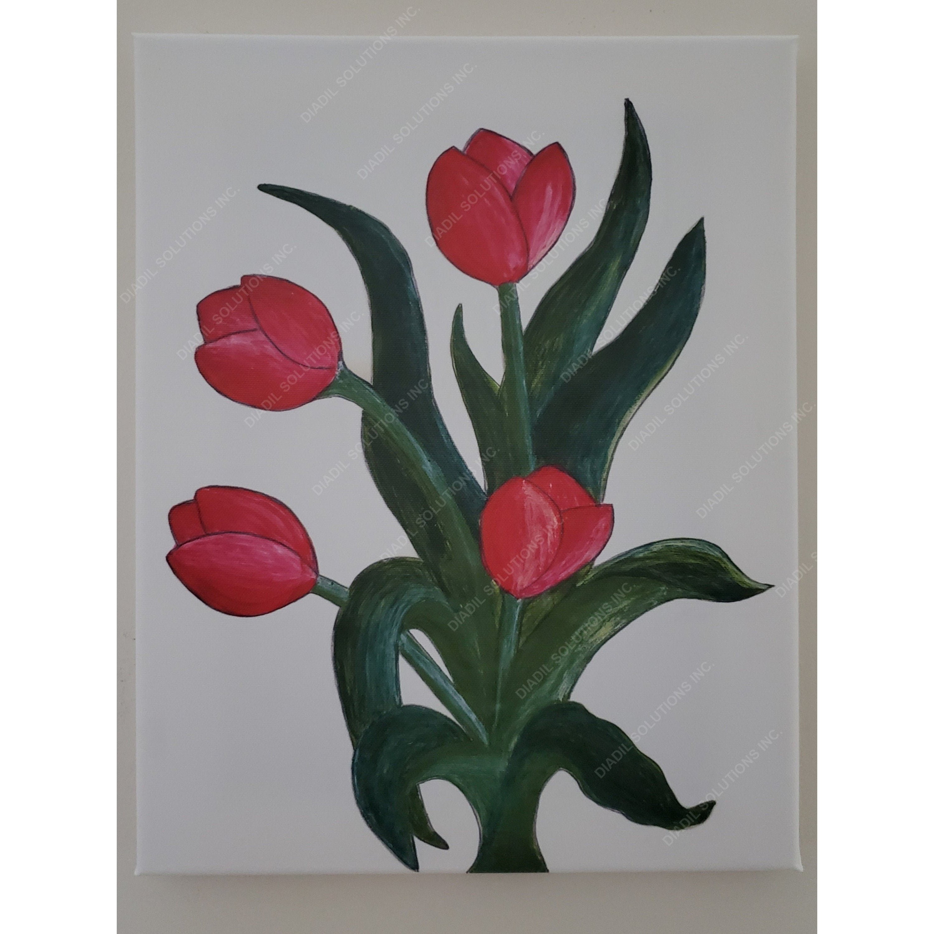 A beautifully framed canvas print featuring vibrant tulips in full bloom, showcasing rich colors and intricate details.