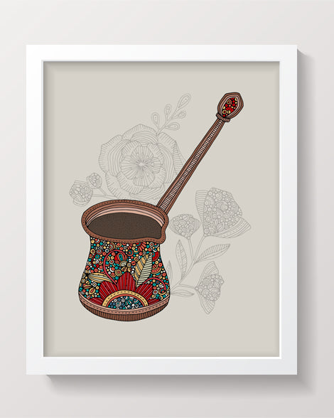 A beautifully crafted Turkish coffee pot with intricate designs, perfect for brewing authentic Turkish coffee.