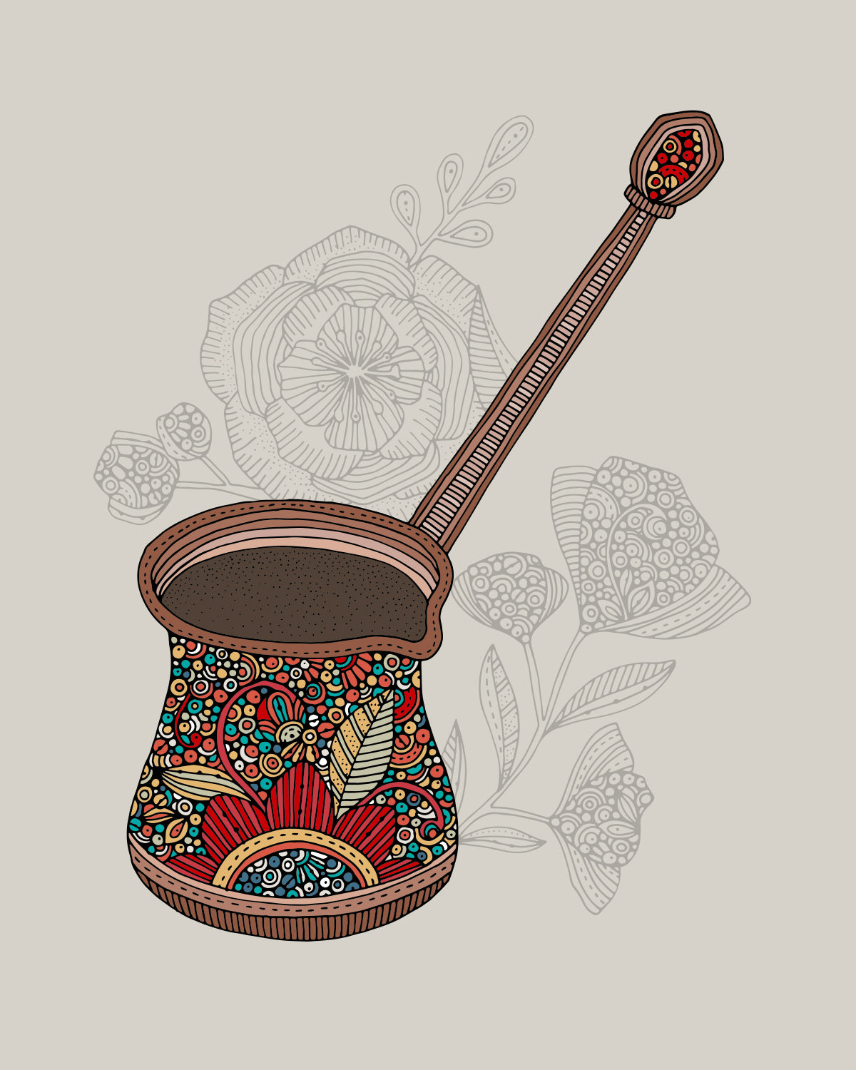 A beautifully crafted Turkish coffee pot with intricate designs, perfect for brewing authentic Turkish coffee.