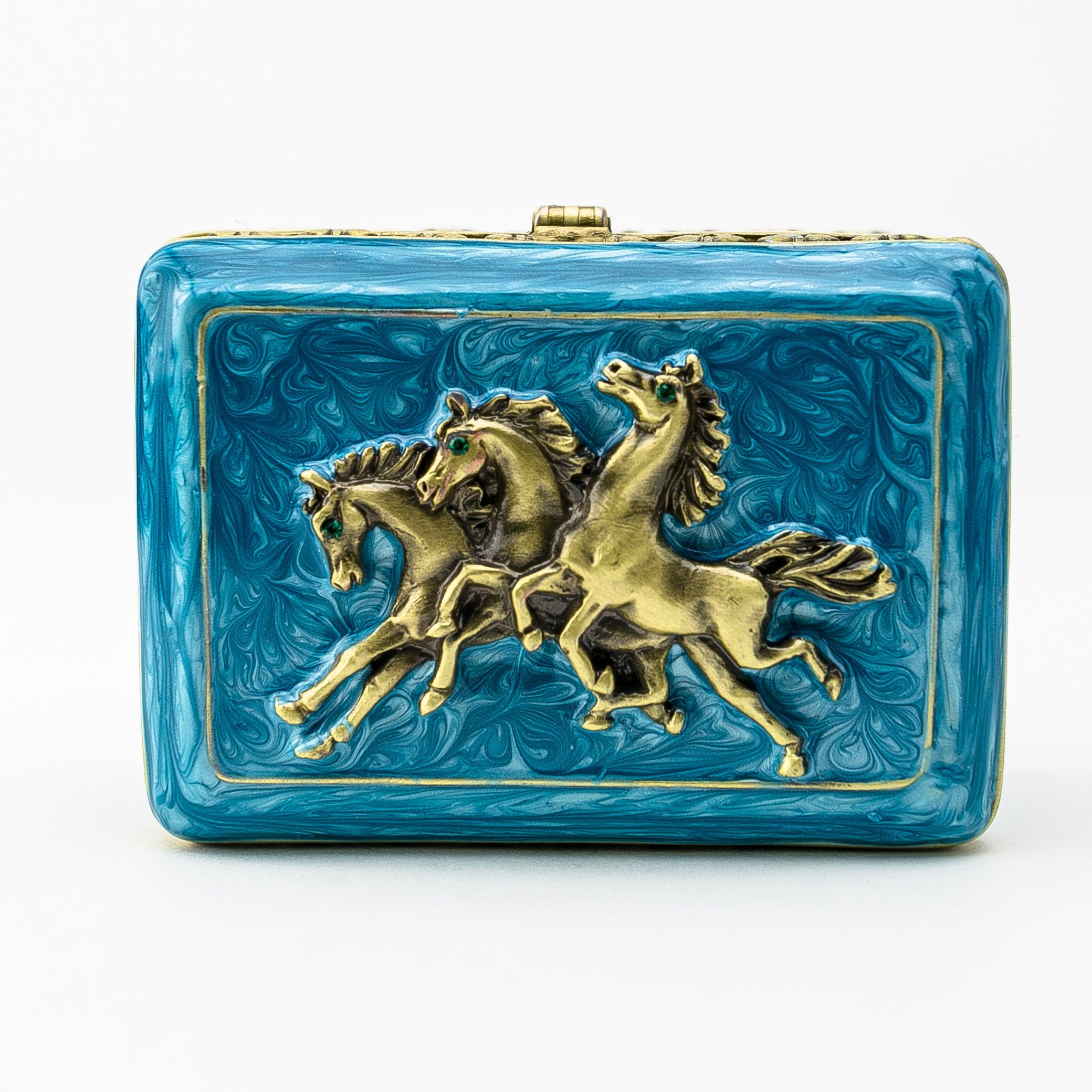 Turquoise trinket box decorated with horses and Austrian crystals, showcasing intricate enamel painting and luxurious gold or silver plating.