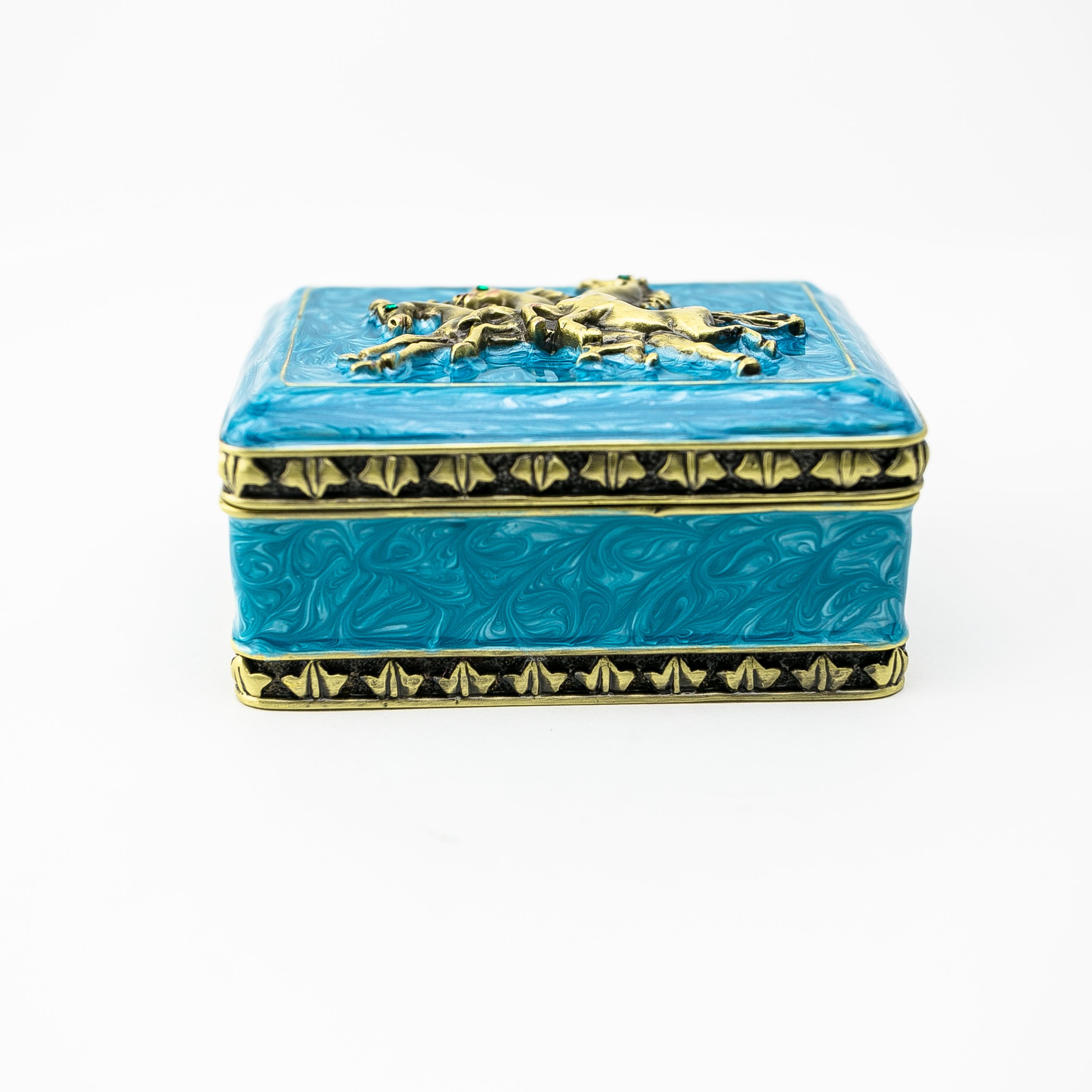 Turquoise trinket box decorated with horses and Austrian crystals, showcasing intricate enamel painting and luxurious gold or silver plating.