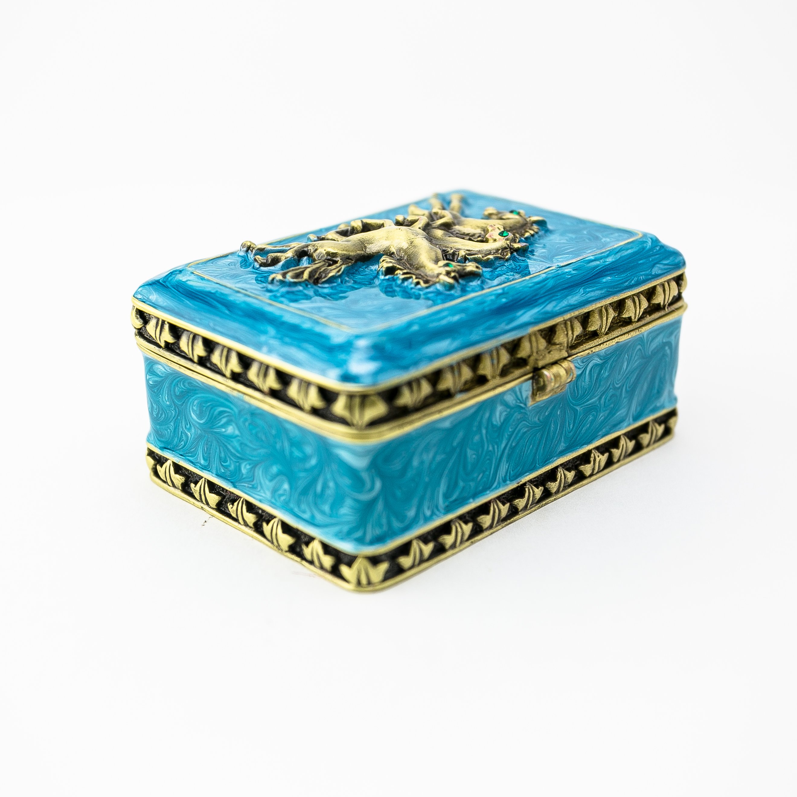 Turquoise trinket box decorated with horses and Austrian crystals, showcasing intricate enamel painting and luxurious gold or silver plating.