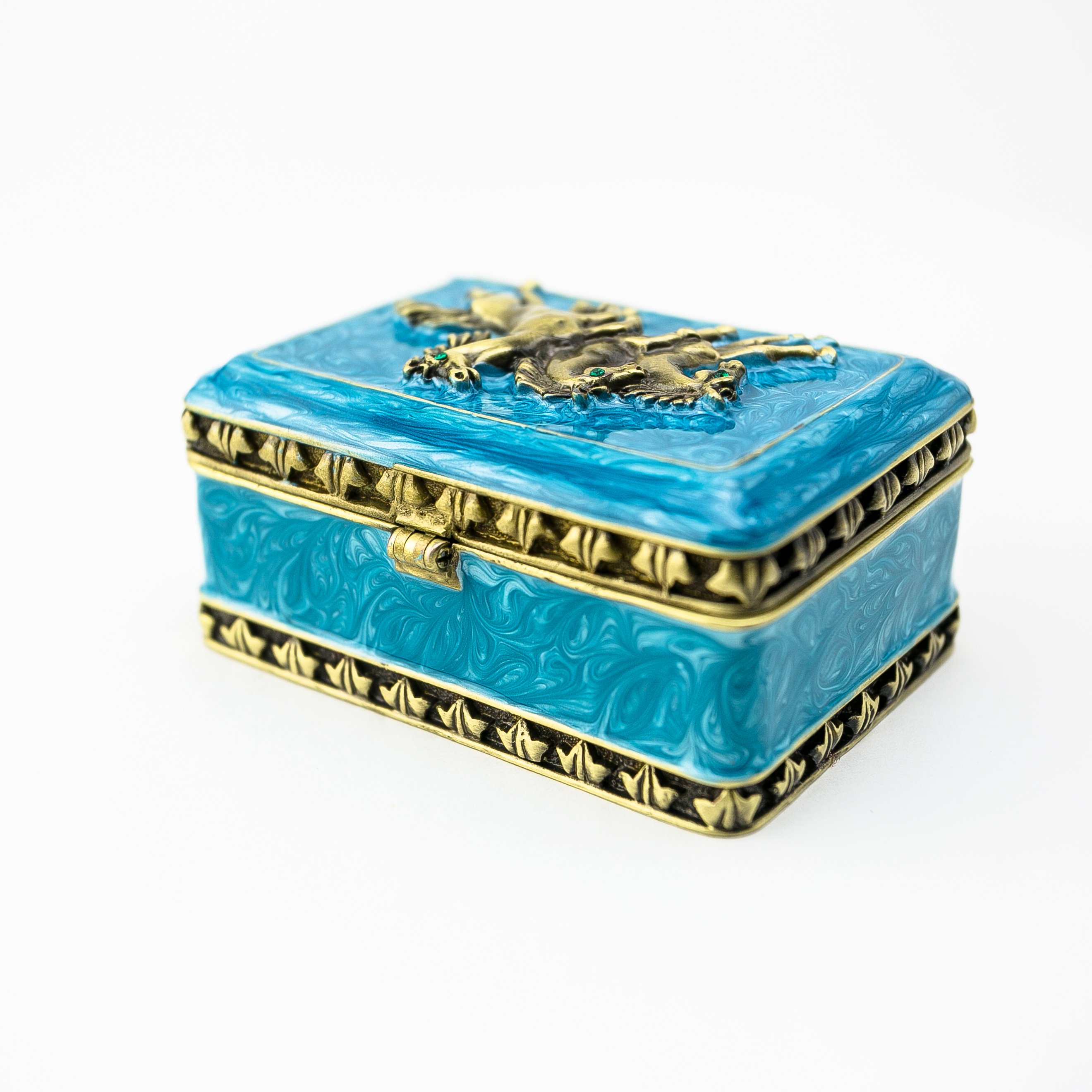 Turquoise trinket box decorated with horses and Austrian crystals, showcasing intricate enamel painting and luxurious gold or silver plating.