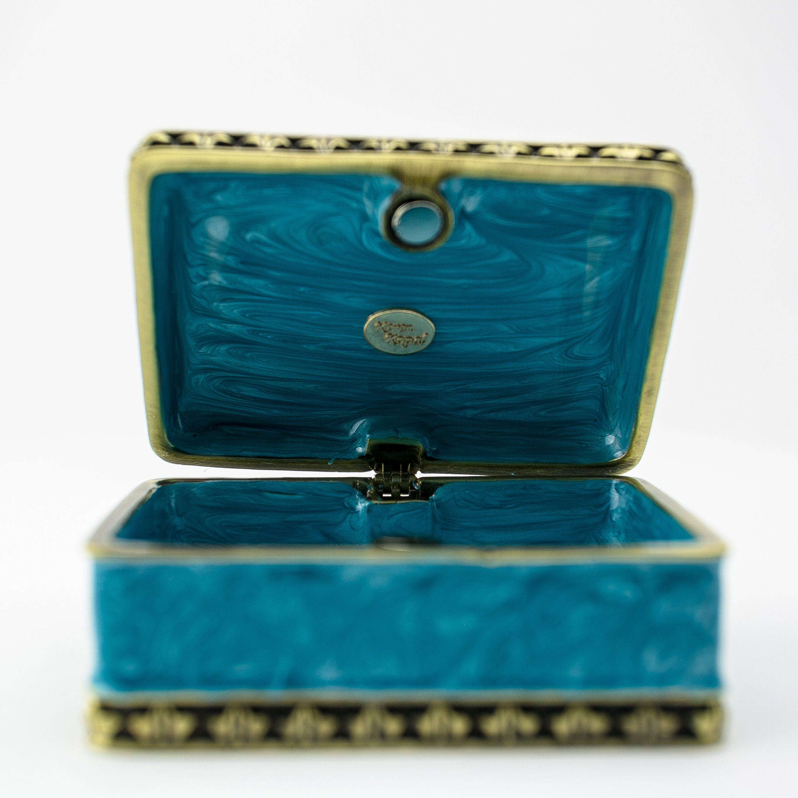 Turquoise trinket box decorated with horses and Austrian crystals, showcasing intricate enamel painting and luxurious gold or silver plating.