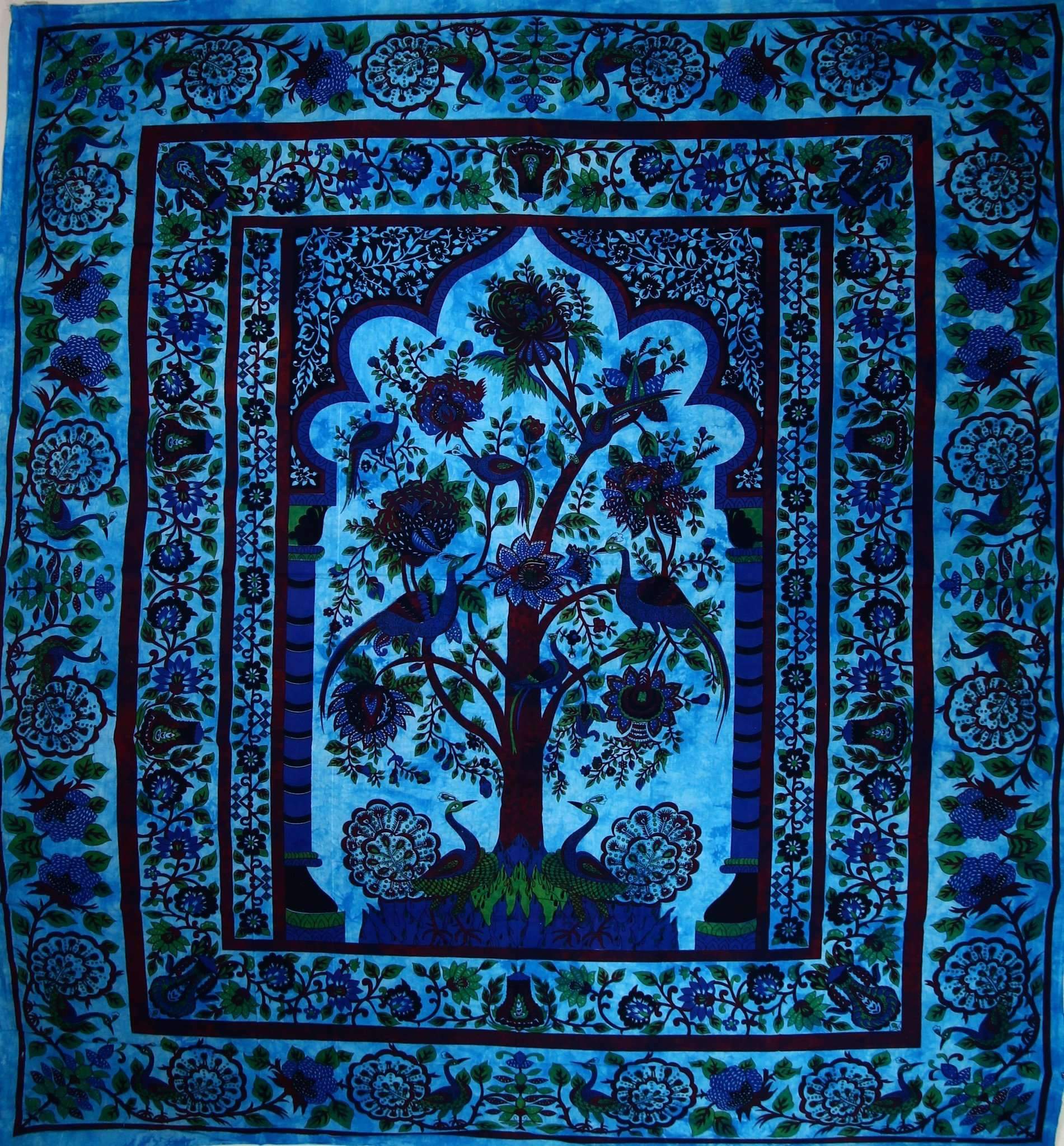 Vibrant turquoise tapestry featuring a tree of life design with peacocks and intricate floral patterns.