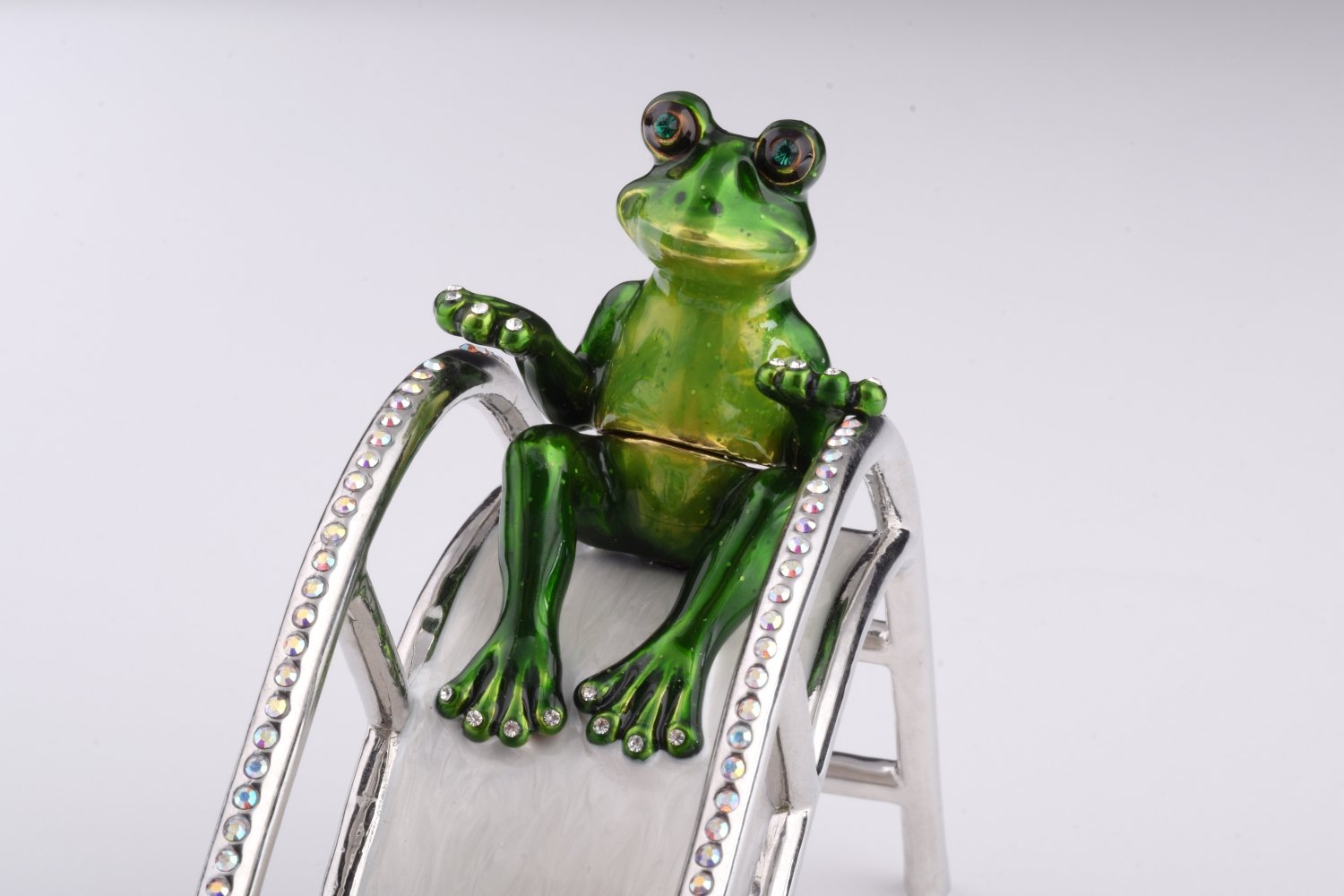 Handmade Two Frogs Riding Slide trinket box with enamel finish and Austrian crystals, plated in 24K gold.