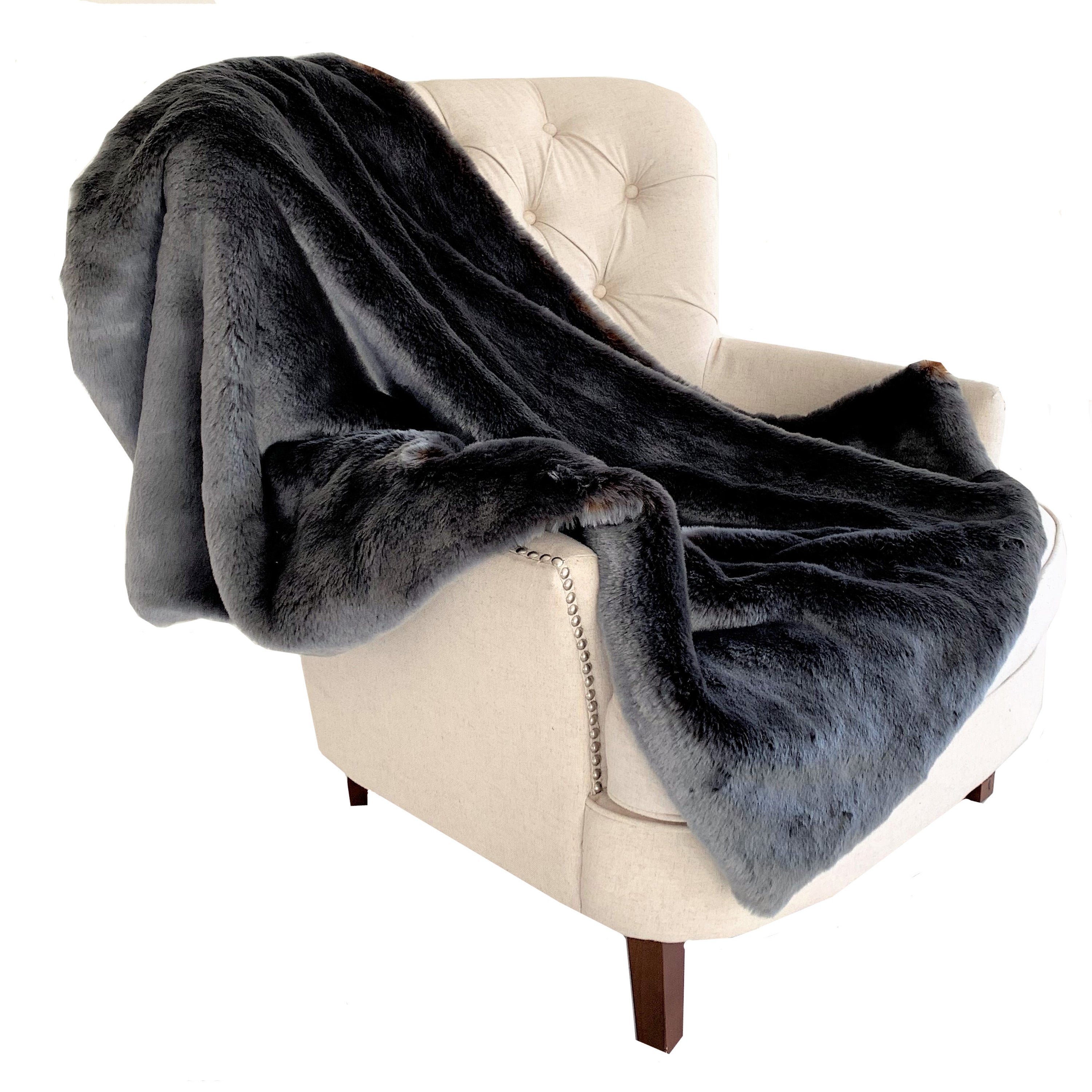 Two Tone Gray and Amber Handmade Luxury Throw showcasing plush faux fur texture and reversible design.