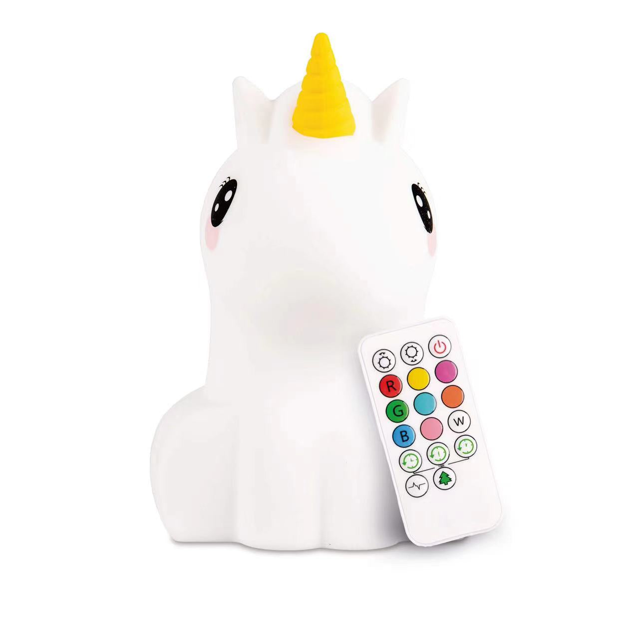 A soft silicone unicorn night light lamp in pastel colors, designed for children's nurseries, featuring a gentle glow and remote control.