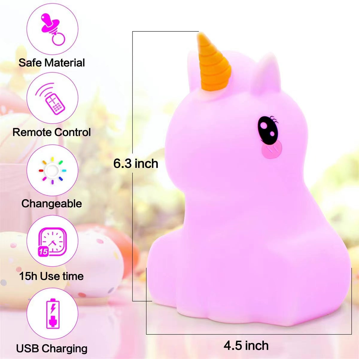 A soft silicone unicorn night light lamp in pastel colors, designed for children's nurseries, featuring a gentle glow and remote control.