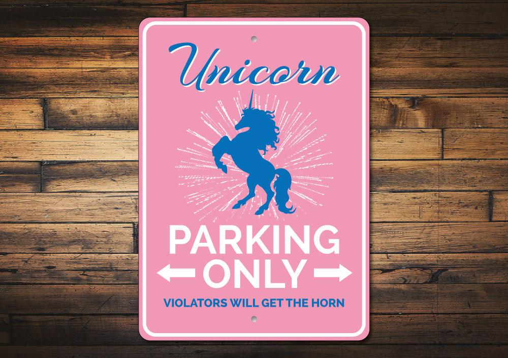 A colorful Unicorn Parking Sign made of aluminum, featuring a whimsical unicorn design, perfect for marking reserved parking spots.