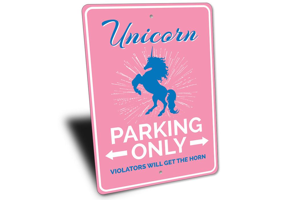 A colorful Unicorn Parking Sign made of aluminum, featuring a whimsical unicorn design, perfect for marking reserved parking spots.