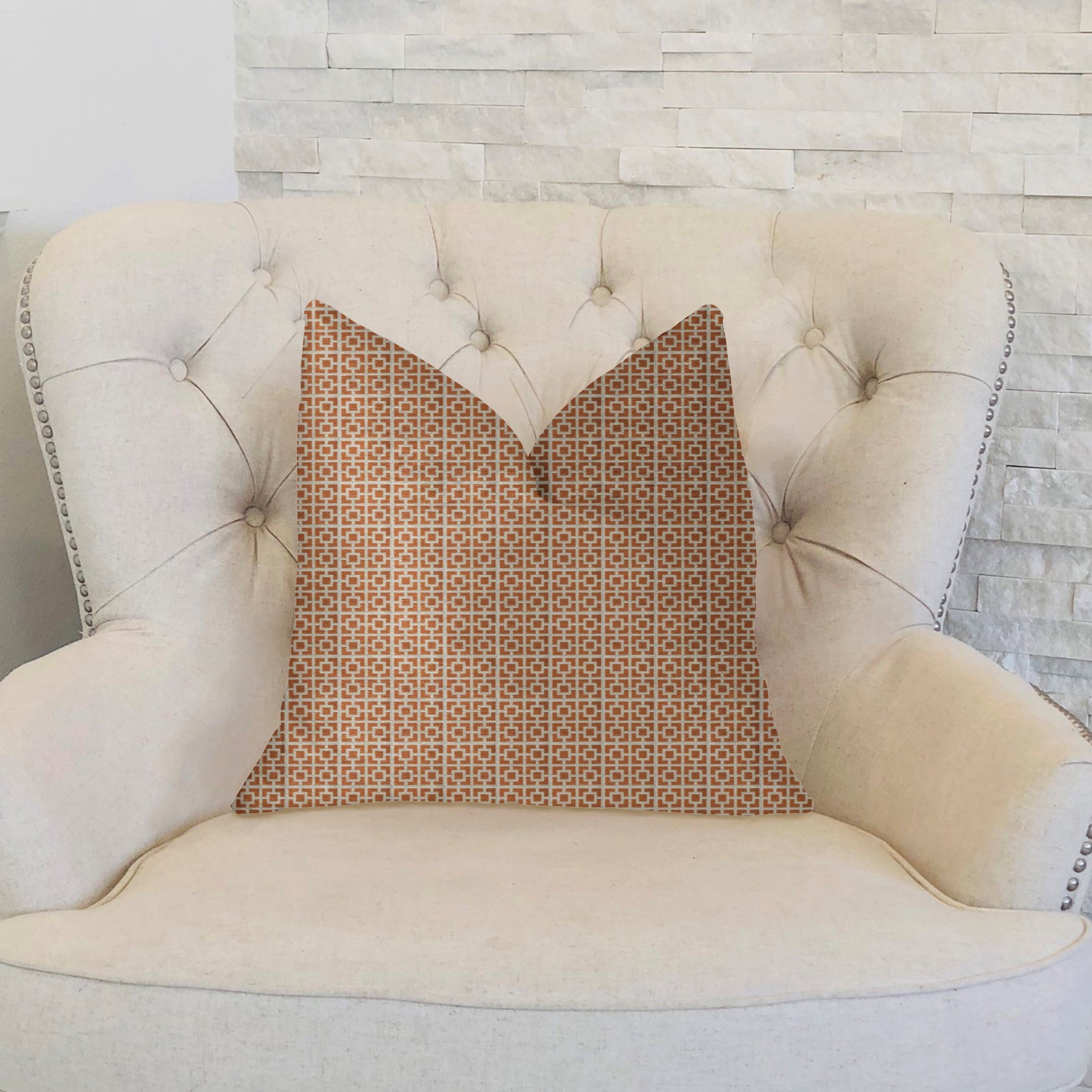 Uptown Orange and Ivory Luxury Throw Pillow featuring a geometric pattern, handmade in the USA with a soft Rayon and Polyester blend.