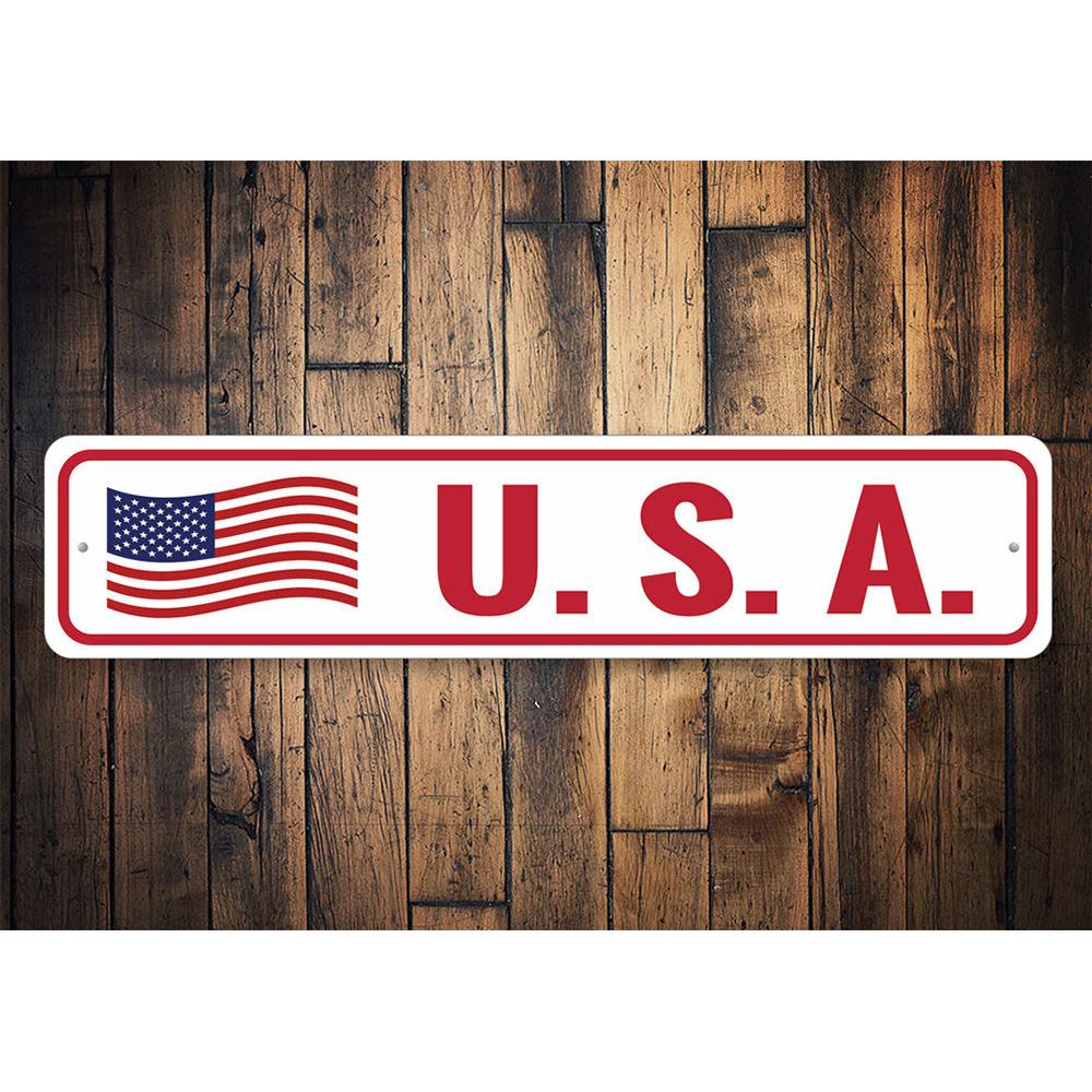 USA American Flag Sign made of high-quality aluminum, featuring vibrant colors and a patriotic design, perfect for indoor or outdoor display.