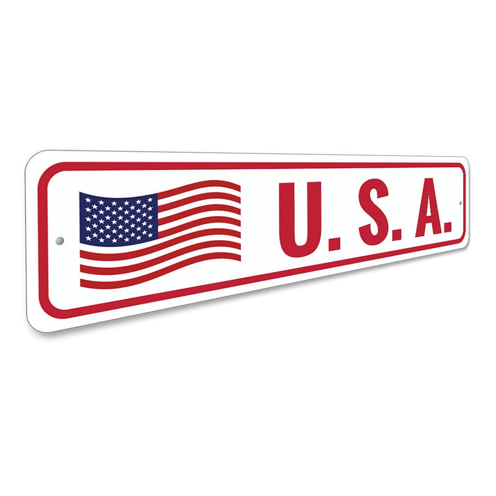 USA American Flag Sign made of high-quality aluminum, featuring vibrant colors and a patriotic design, perfect for indoor or outdoor display.