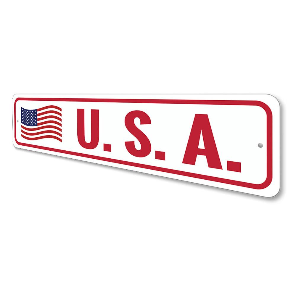 USA American Flag Sign made of high-quality aluminum, featuring vibrant colors and a patriotic design, perfect for indoor or outdoor display.