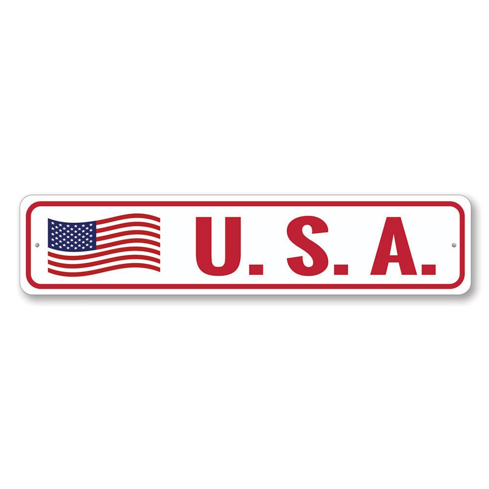 USA American Flag Sign made of high-quality aluminum, featuring vibrant colors and a patriotic design, perfect for indoor or outdoor display.