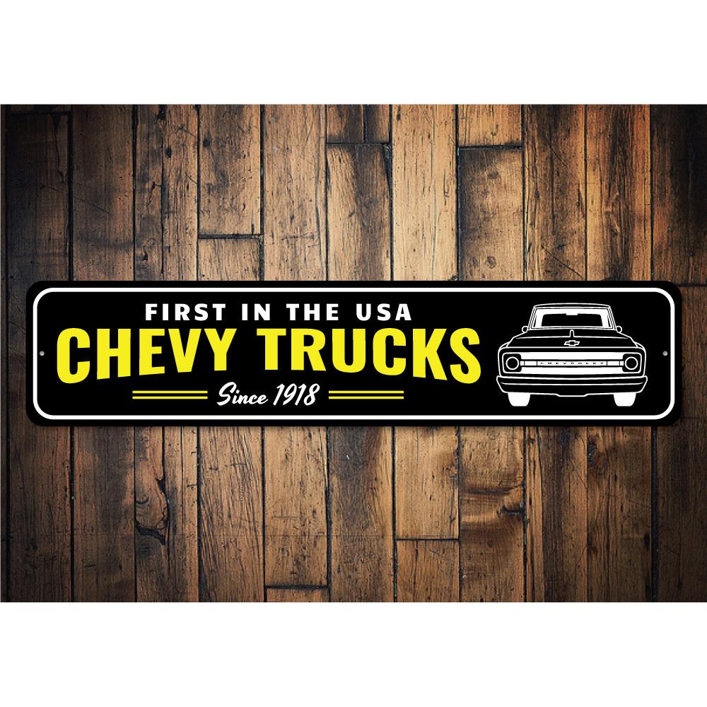 USA Chevy Truck Sign made of high-quality aluminum, featuring vibrant colors and customizable text options, perfect for home decor.