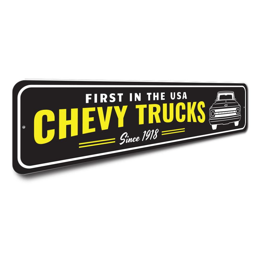 USA Chevy Truck Sign made of high-quality aluminum, featuring vibrant colors and customizable text options, perfect for home decor.