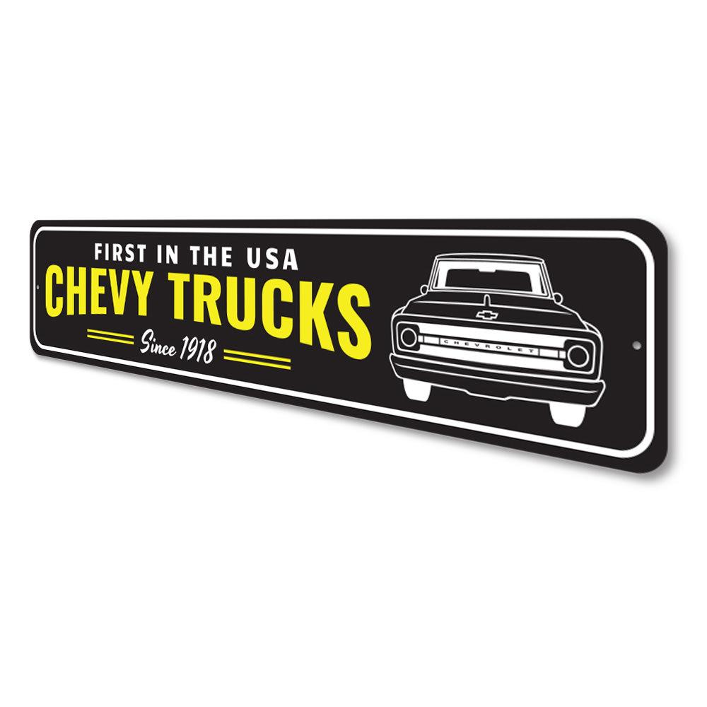 USA Chevy Truck Sign made of high-quality aluminum, featuring vibrant colors and customizable text options, perfect for home decor.