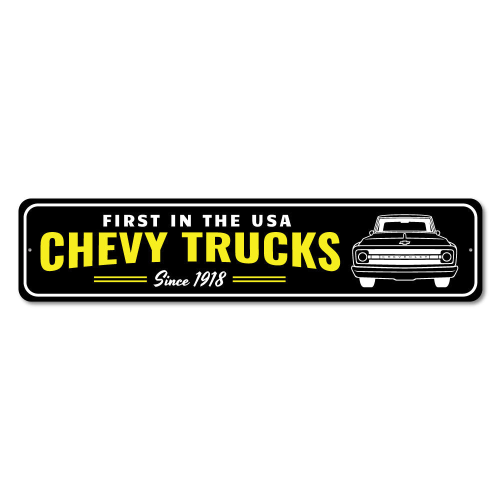 USA Chevy Truck Sign made of high-quality aluminum, featuring vibrant colors and customizable text options, perfect for home decor.