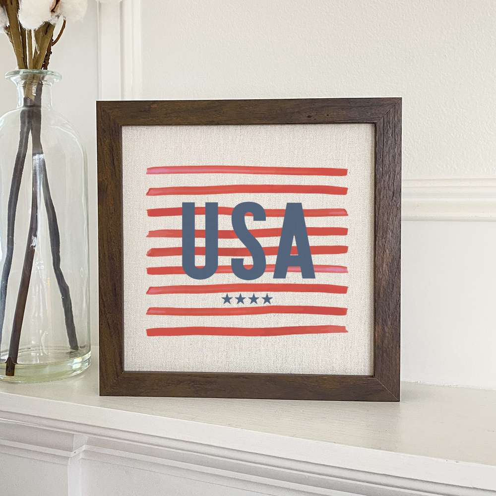 Stylish USA Framed Sign with a wood frame and eco-friendly printing on a linen-look background.