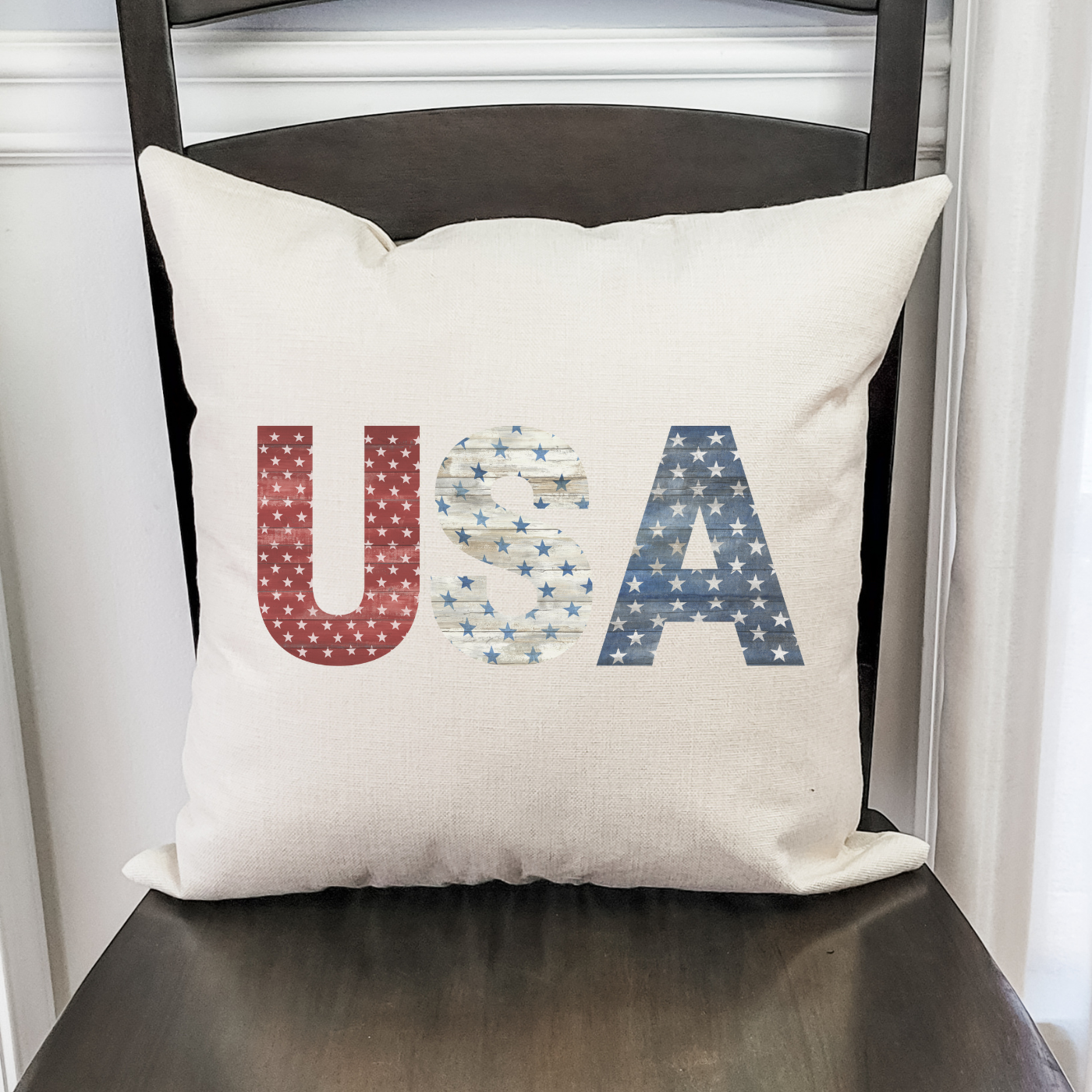 USA Pillow Cover featuring original patriotic designs on soft polyester linen with a hidden zipper.