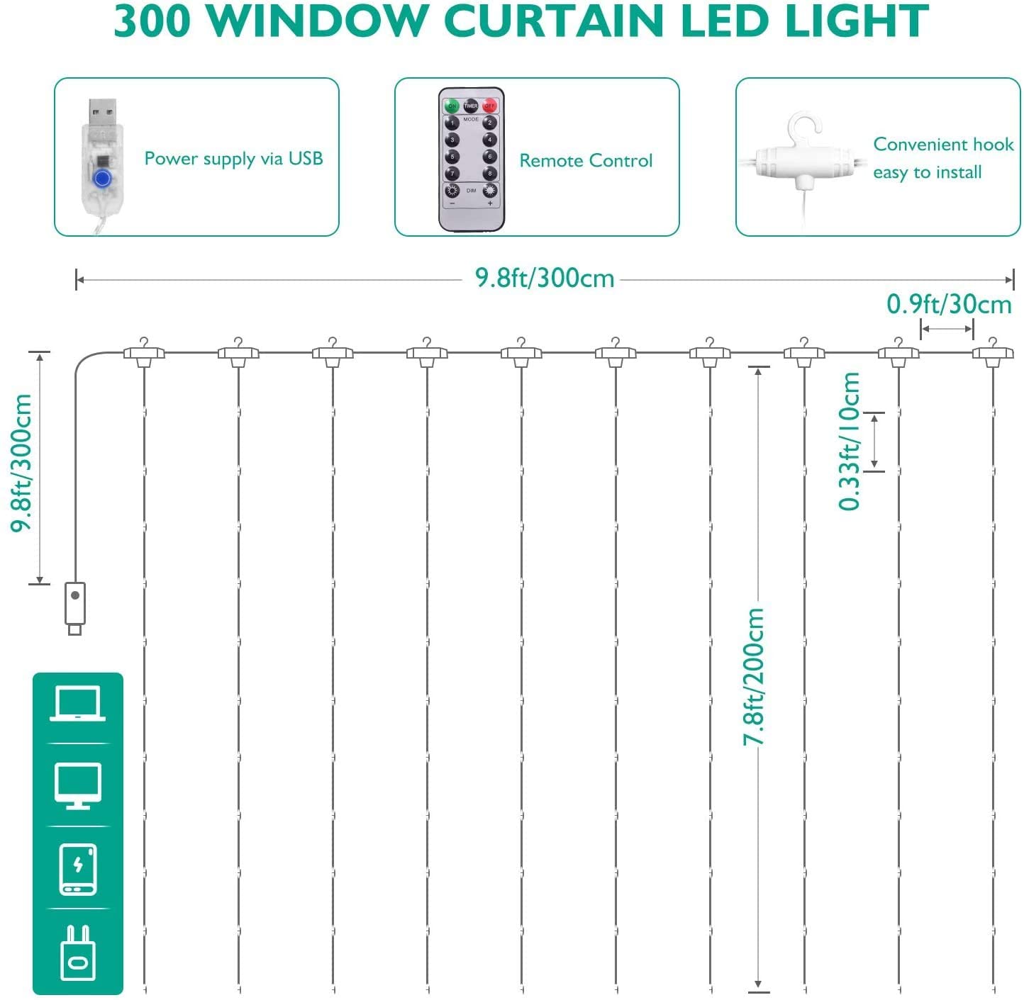 USB powered curtain fairy lights with multiple modes, perfect for bedroom and party decorations, showcasing a warm and inviting glow.