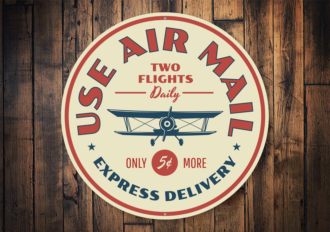 Use Air Mail Express Delivery Sign made of high-quality aluminum, featuring a decorative design suitable for home decor.