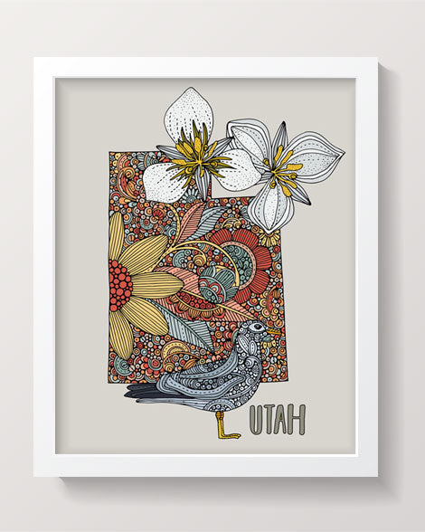 An 8x10 archival art print of Utah State Map featuring the American California gull and Sego lily, beautifully illustrated in pen and ink with digital coloring.