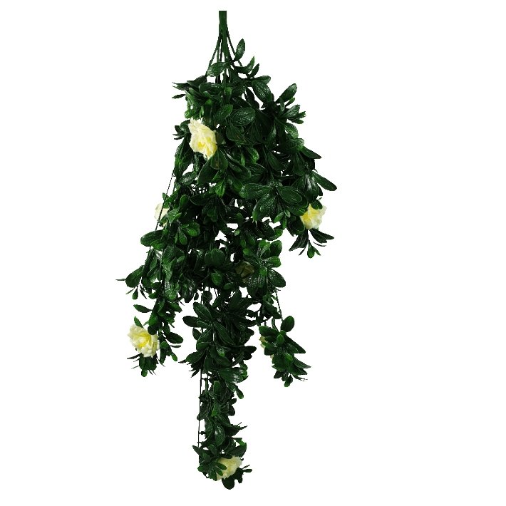 A beautiful UV Hanging White Rose Stem measuring 85cm, featuring realistic white petals and green leaves, perfect for decoration.