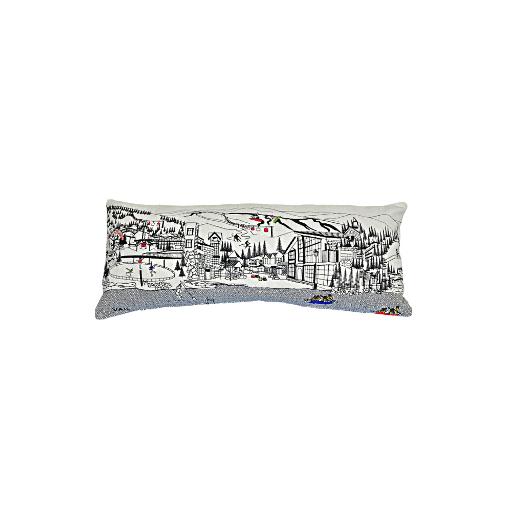 Vail Pillow featuring designs inspired by Vail, Colorado, showcasing the Betty Ford Alpine Gardens and Vail Recreation District.