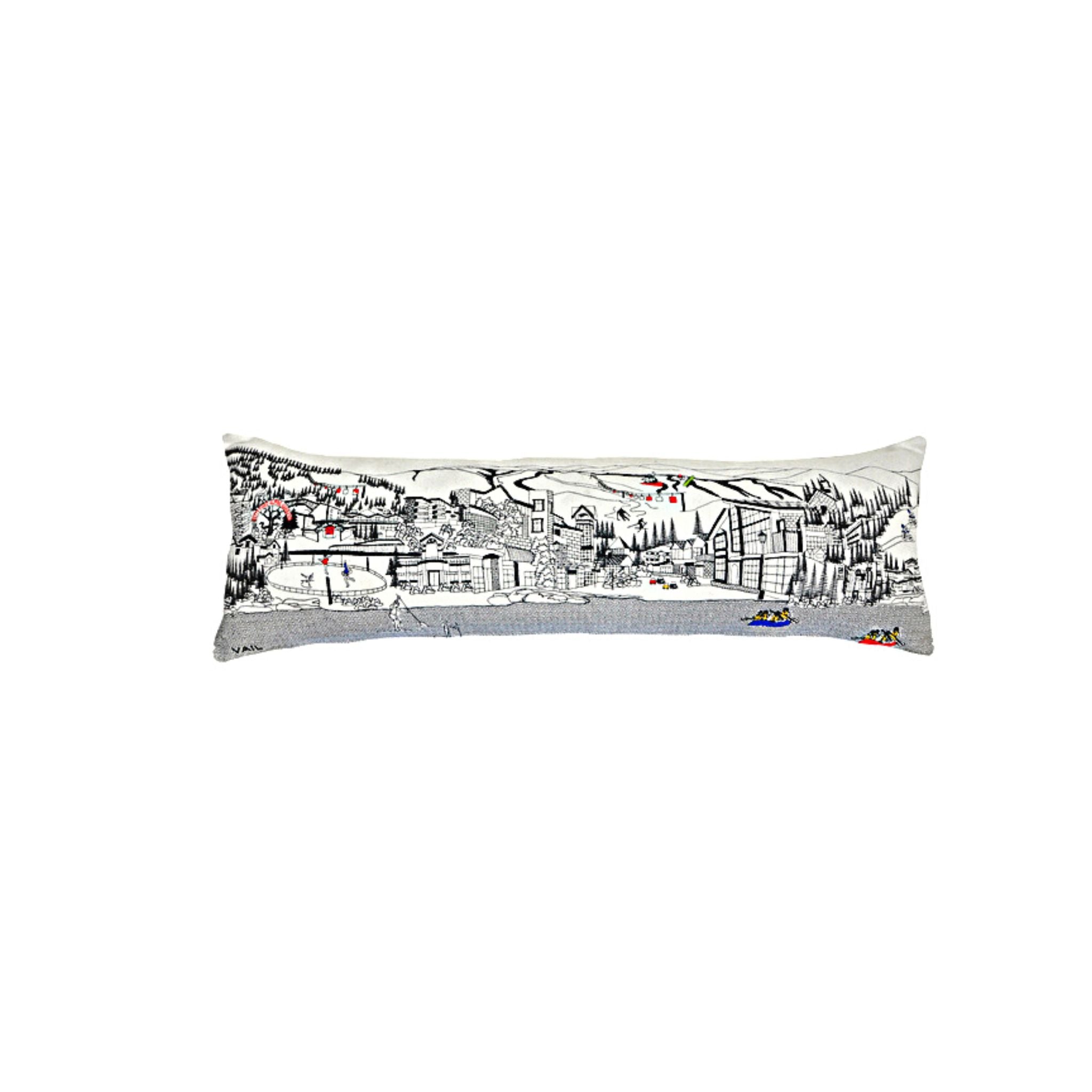 Vail Pillow featuring designs inspired by Vail, Colorado, showcasing the Betty Ford Alpine Gardens and Vail Recreation District.