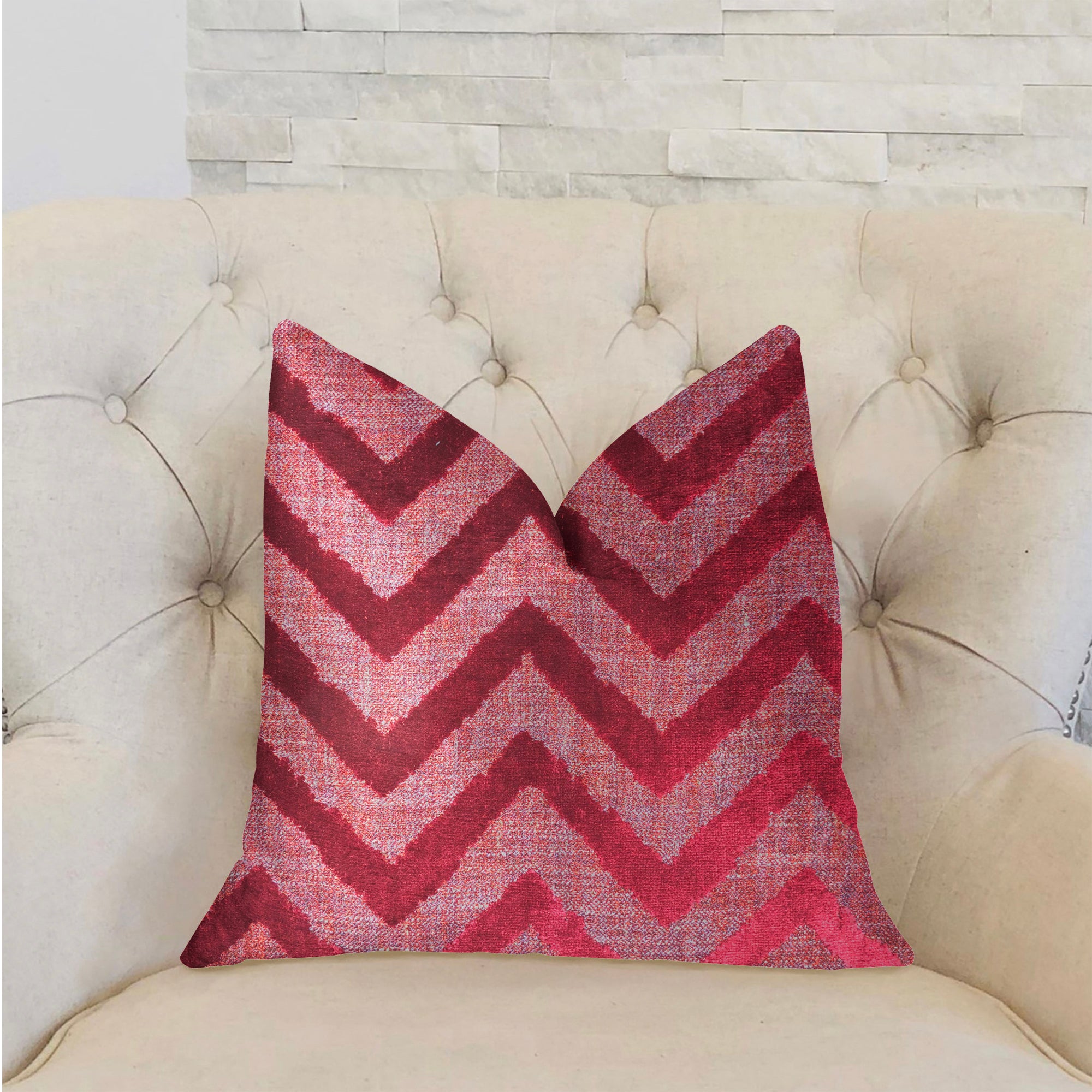 Valentina Red Luxury Throw Pillow featuring a chevron pattern, vibrant red color, and invisible zipper, handmade in the USA.