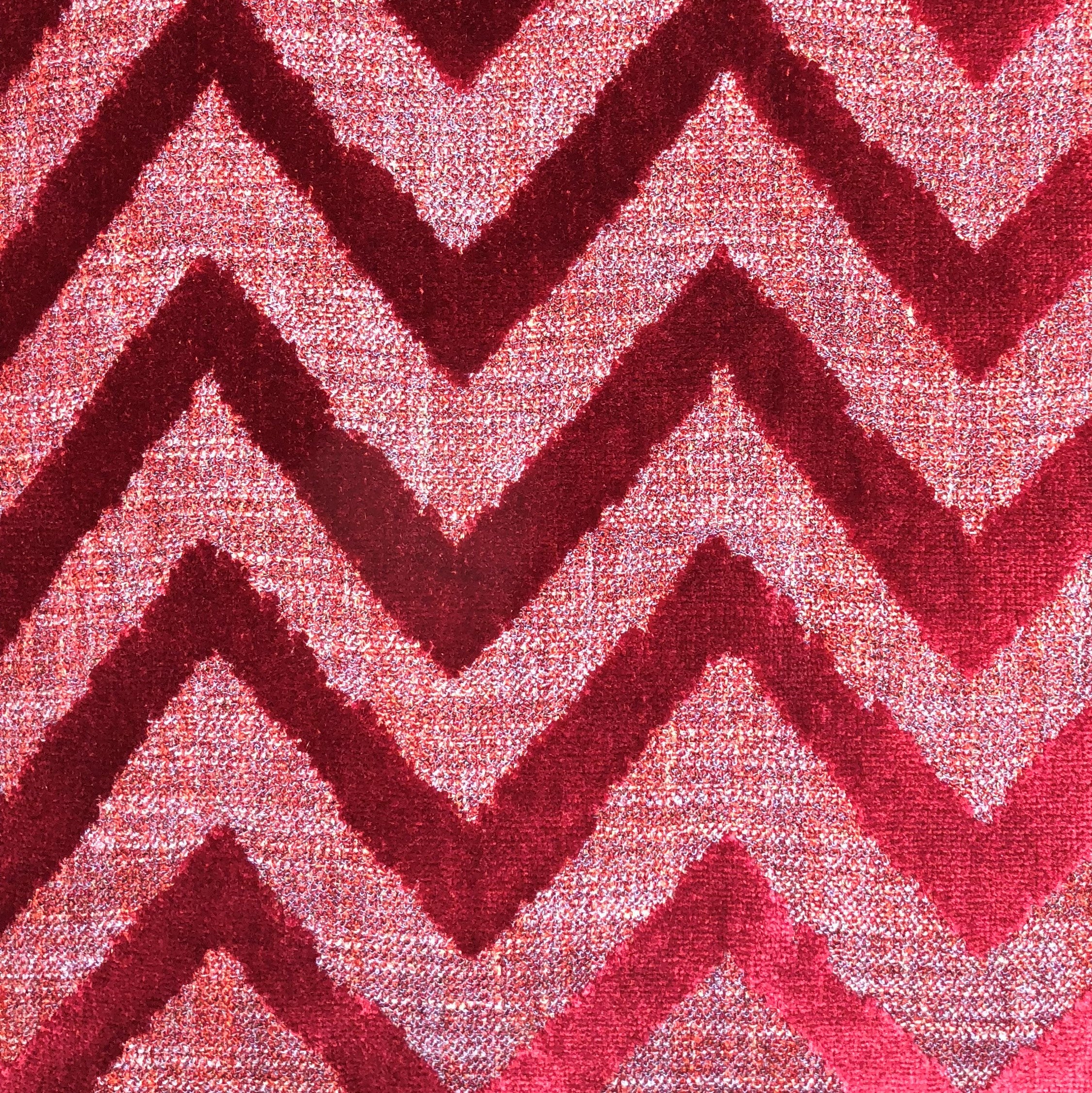 Valentina Red Luxury Throw Pillow featuring a chevron pattern, vibrant red color, and invisible zipper, handmade in the USA.